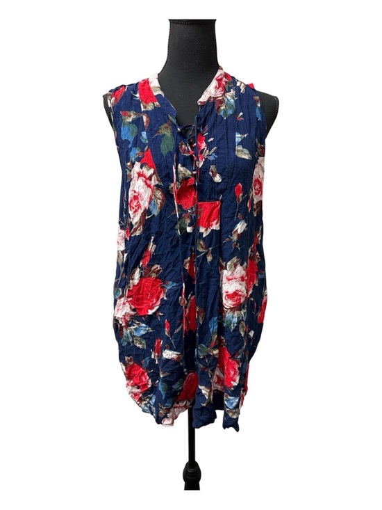 Umgee Tops - Umgee Navy Red Floral Tunic Top XL Boho Sleeveless Lace Up Flowy Summer